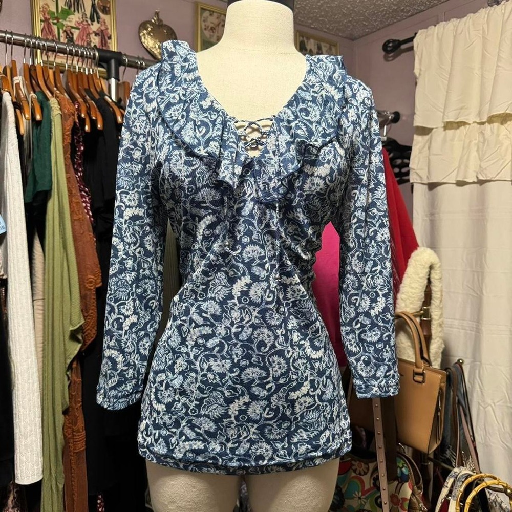 Romantic Renaissance Blue Floral Lace-Up Blouse